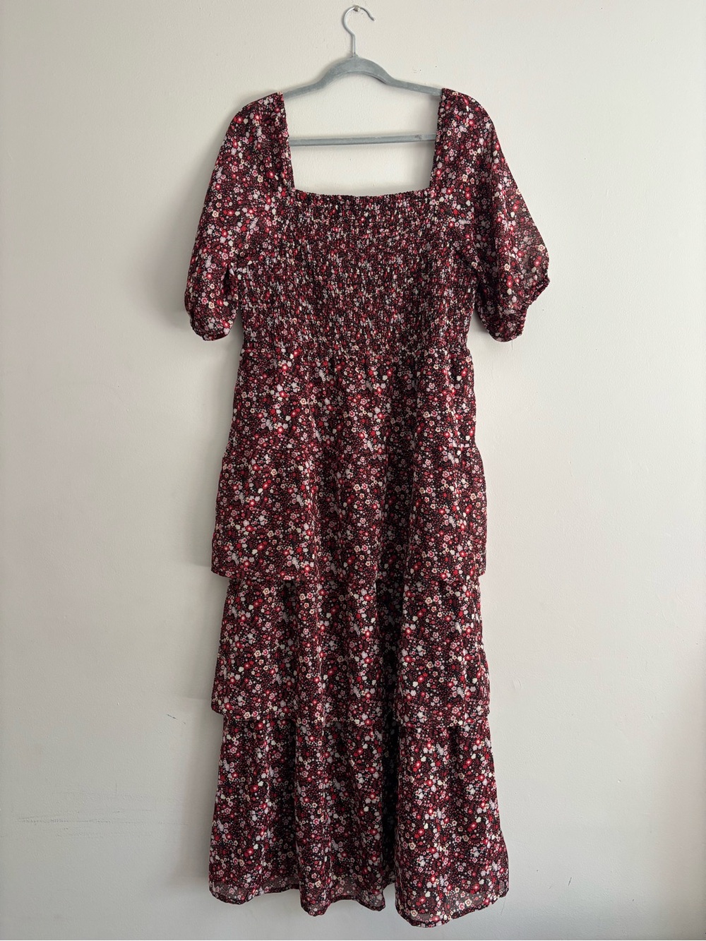 Smocked Square Neck Floral Midi Dress in Burgundy